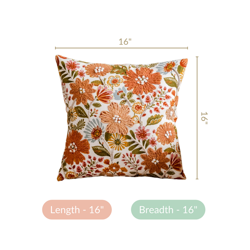 Floral Pop Aari Embroidered Cushion Cover For Living Room 16x16 Inch