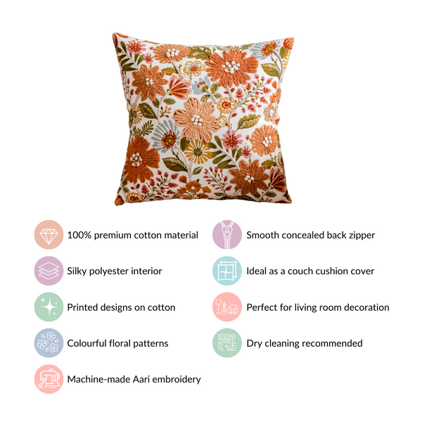 Floral Pop Aari Embroidered Cushion Cover For Living Room 16x16 Inch