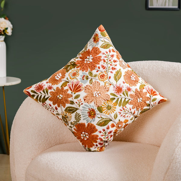 Floral Pop Aari Embroidered Cushion Cover For Living Room 16x16 Inch