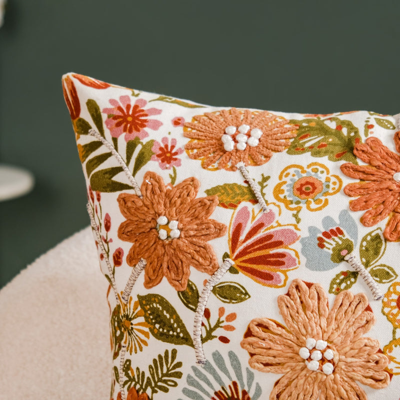 Floral Pop Aari Embroidered Cushion Cover For Living Room 16x16 Inch