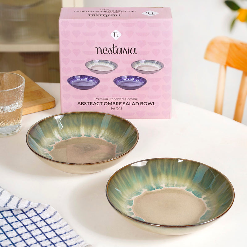Abstract Ombre Green Ceramic Salad Bowl Set Of 2 20cm