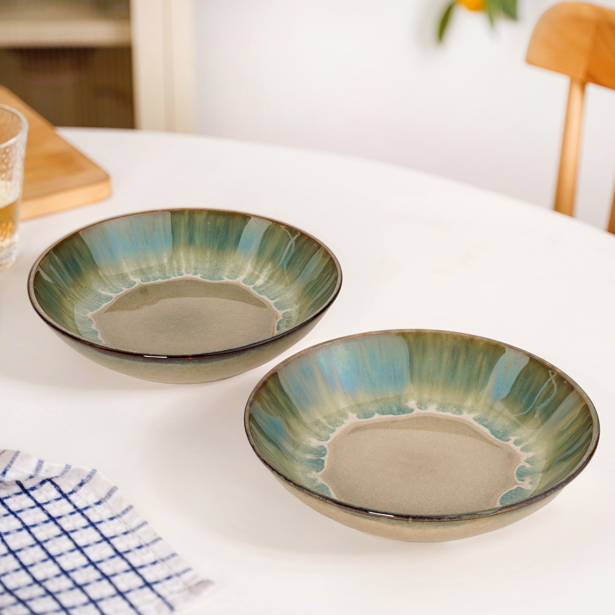 Abstract Ombre Green Ceramic Salad Bowl Set Of 2 650ml