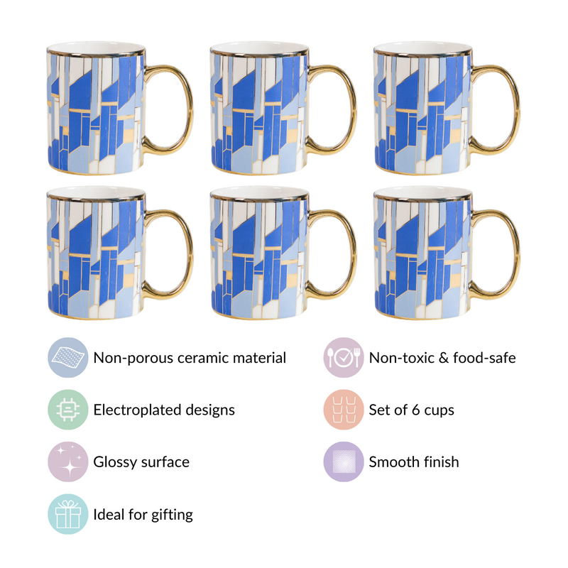Blue Gold Tea Cup Set of 6 350ml - Tea cup set, coffee cup set, tea cups, coffee cups, ceramic tea cups