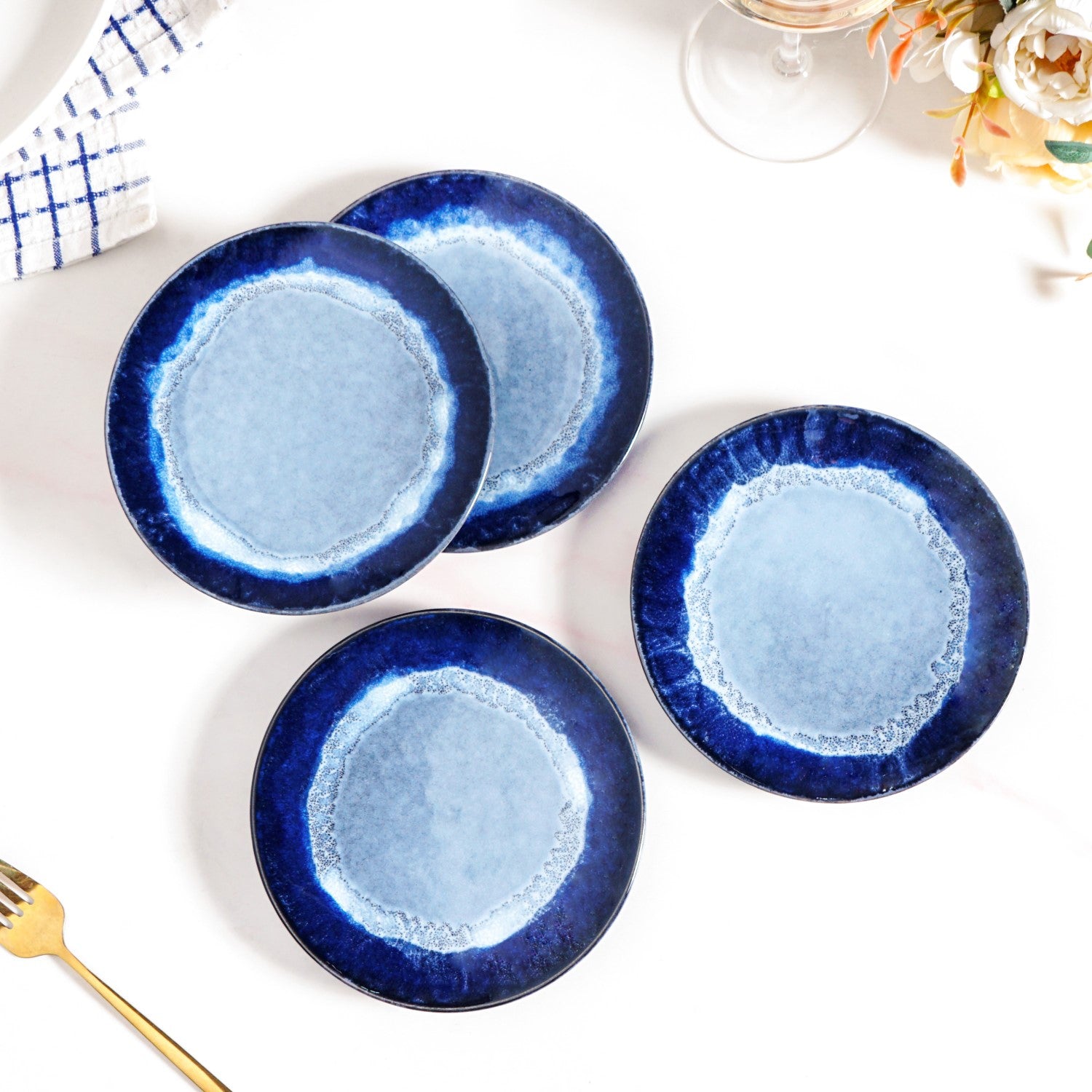 Abstract Ombre Blue Ceramic Dessert Plate Set Of 4 15cm