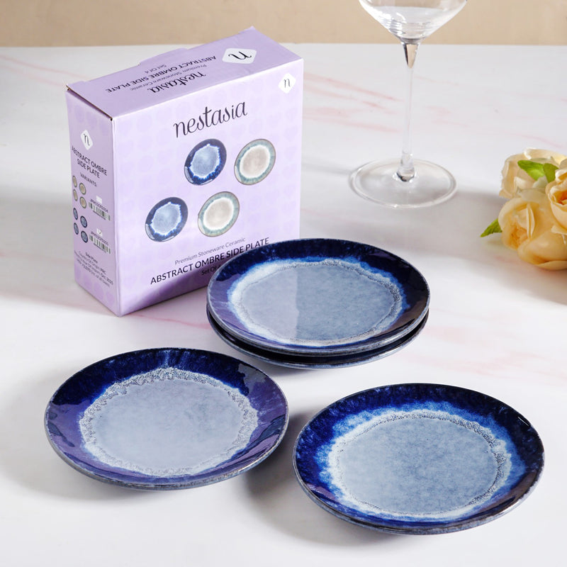 Abstract Ombre Blue Ceramic Dessert Plate Set Of 4 15cm