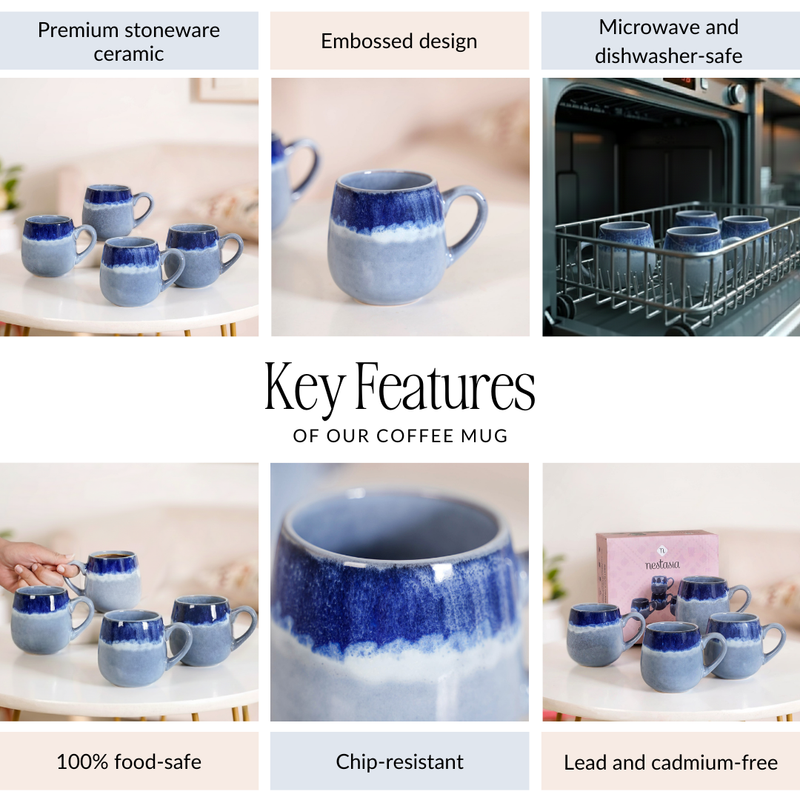 Abstract Ombre Blue Ceramic Coffee Mug Set Of 4 230ml