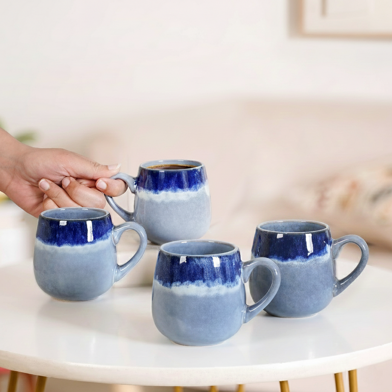 Abstract Ombre Blue Ceramic Coffee Mug Set Of 4 230ml