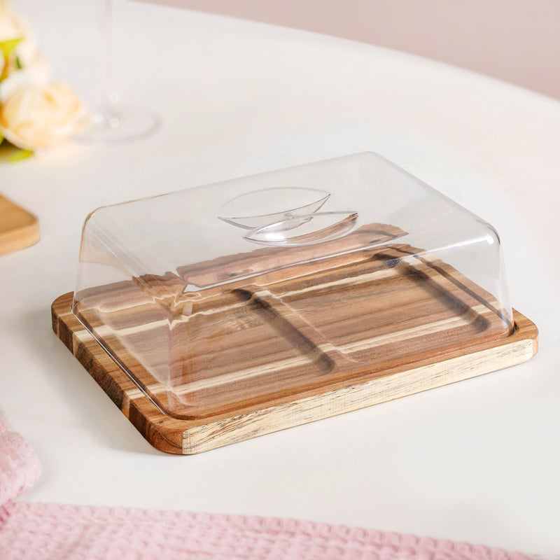 Acacia Bread Box With Transparent Cloche