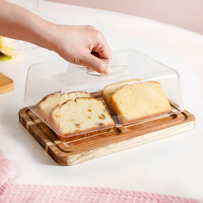 Acacia Bread Box With Transparent Cloche