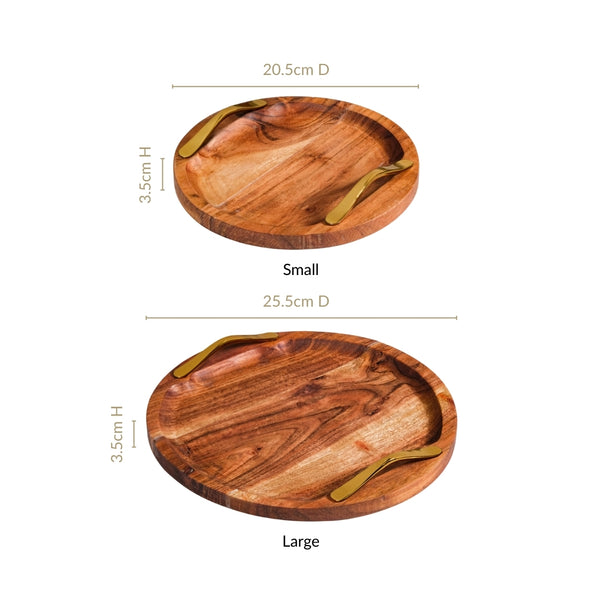Acacia Round Serving Tray With Golden Handles Set Of 2