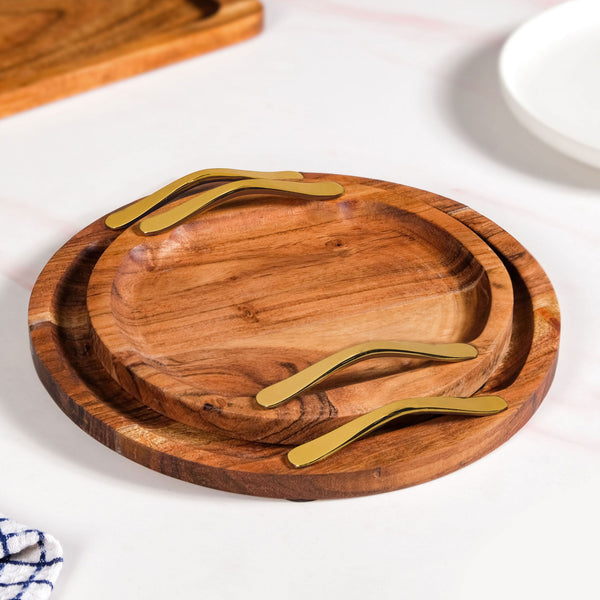 Acacia Round Serving Tray With Golden Handles Set Of 2