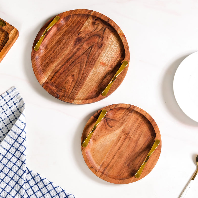 Acacia Round Serving Tray With Golden Handles Set Of 2