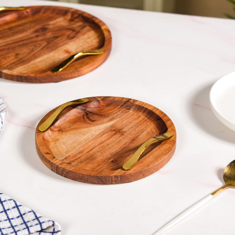 Acacia Round Serving Tray With Golden Handles Set Of 2