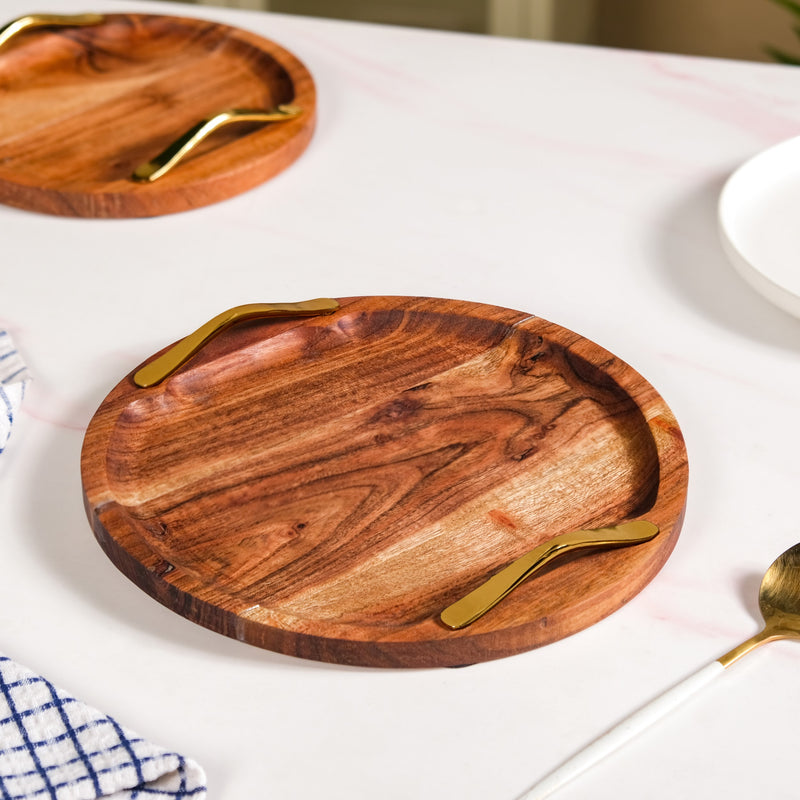 Acacia Round Serving Tray With Golden Handles Set Of 2