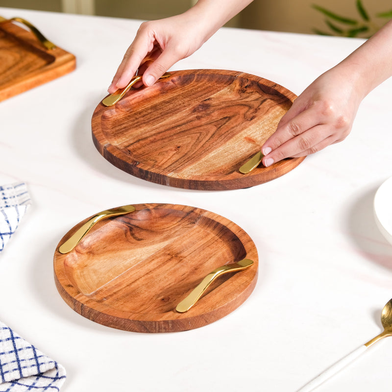 Acacia Round Serving Tray With Golden Handles Set Of 2