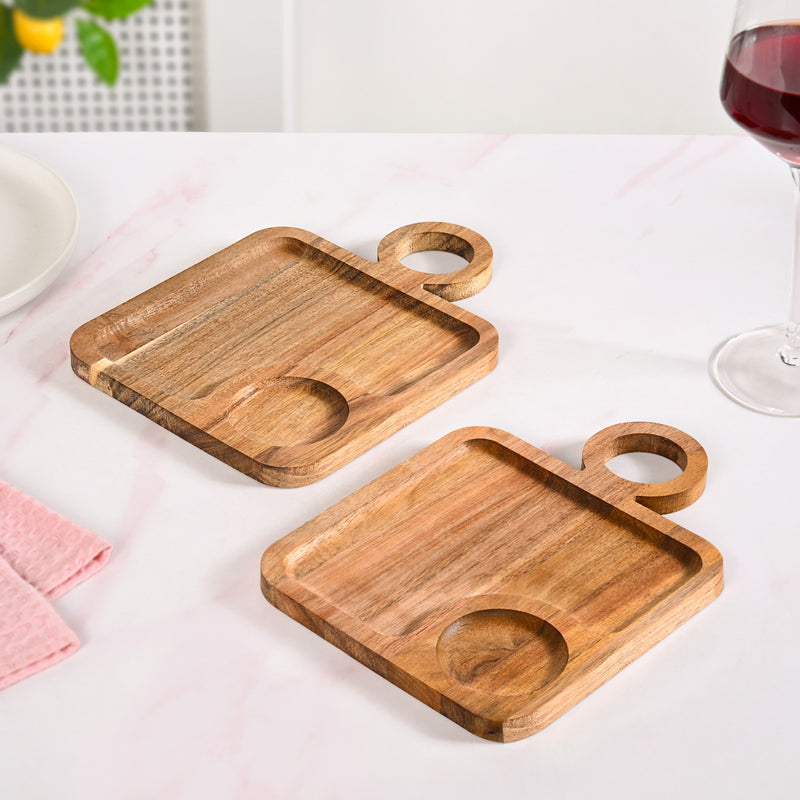 Acacia Wood Square Snack Tray With Cup Holder Set Of 2