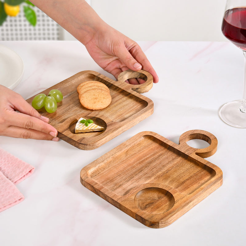 Acacia Wood Square Snack Tray With Cup Holder Set Of 2