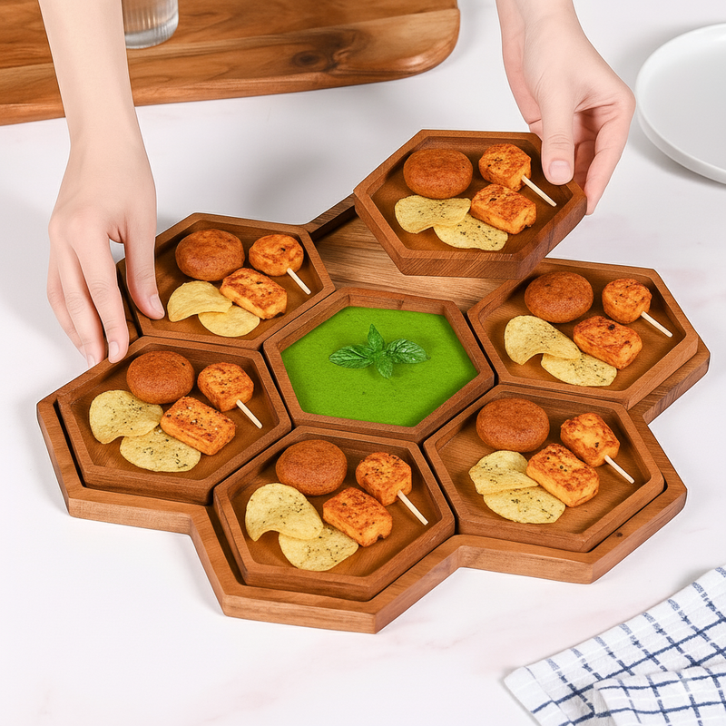 Acacia Honeycomb Wooden Platter Set of 8 For Party 38x38cm