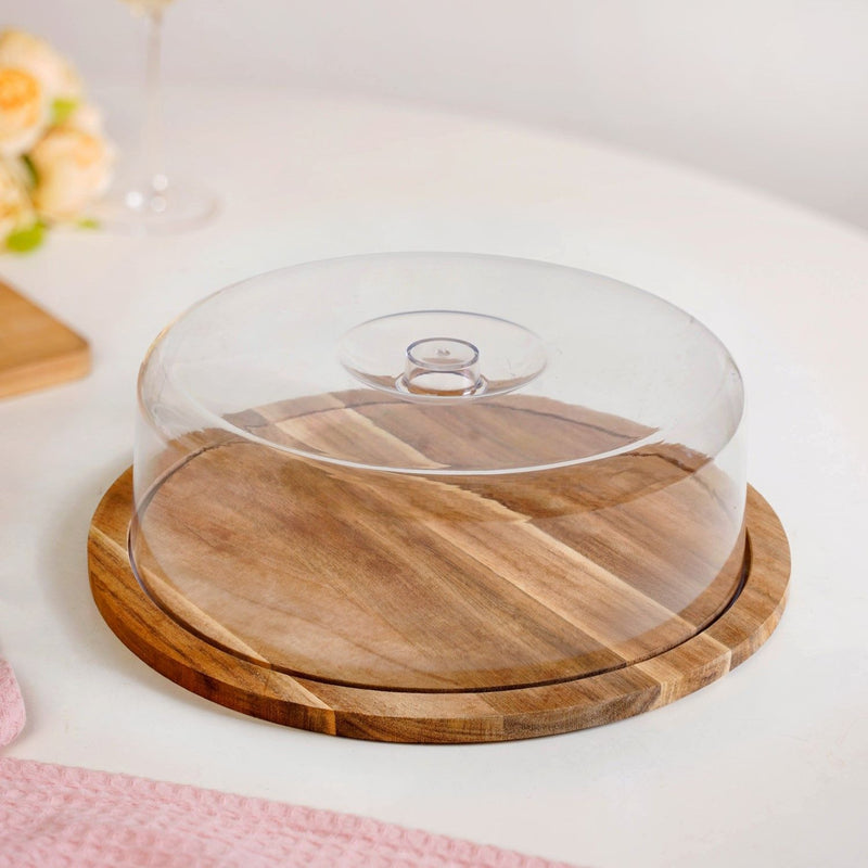 Acacia Wood Dessert Stand With Cloche 10 Inch