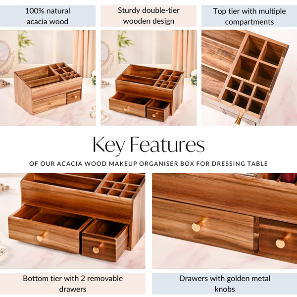 Acacia Wood Makeup Organiser Box For Dressing Table