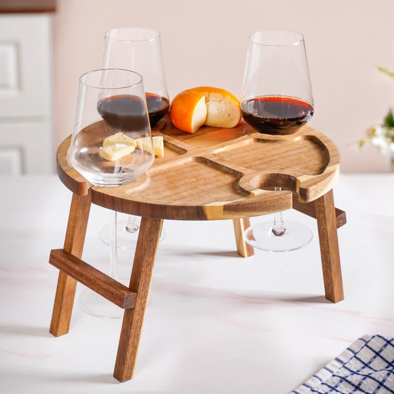 Acacia Wood Wine And Cheese Serving Tray Table