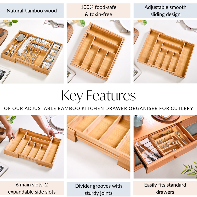 Adjustable Bamboo Kitchen Drawer Organiser For Cutlery