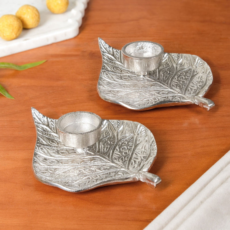 Aesthetic Leaf Tealight And Agarbatti Holder Set Of 2 In Festive Gift Box