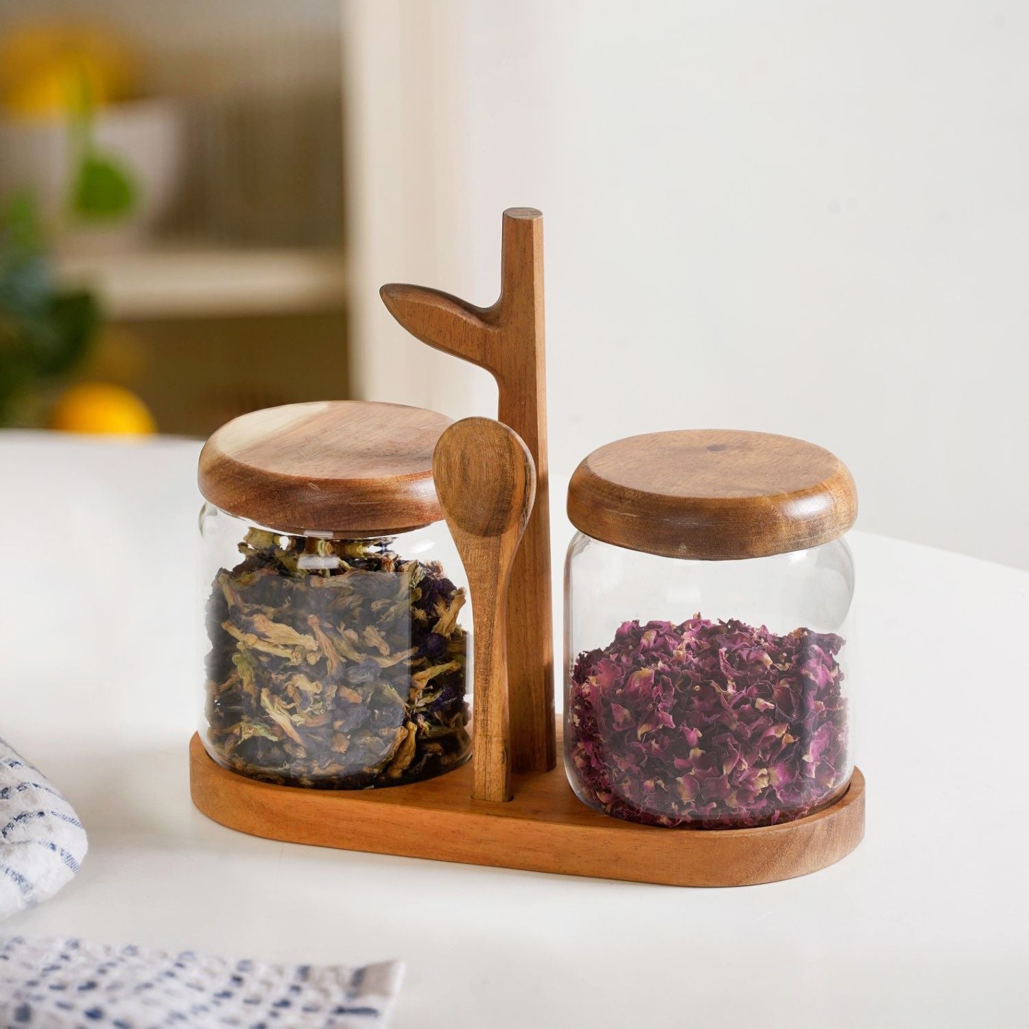 Acacia Wood Glass Jars And Spoon With Leaf Stand