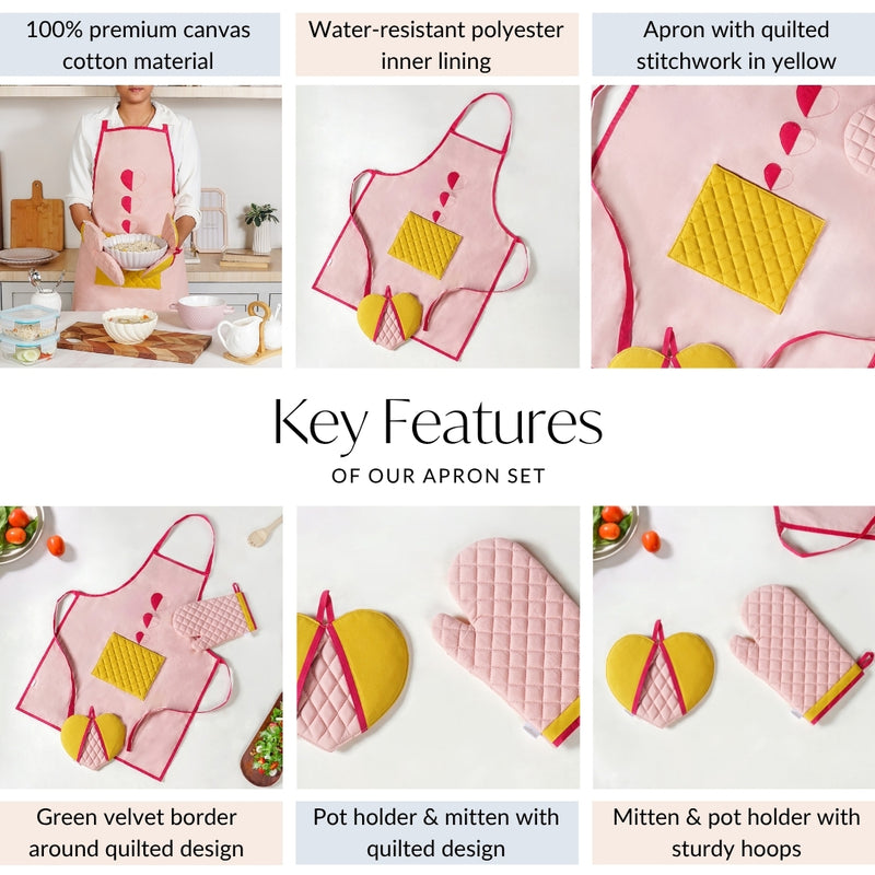 All Hearts Chef Apron Set With Mitten And Pot Holder