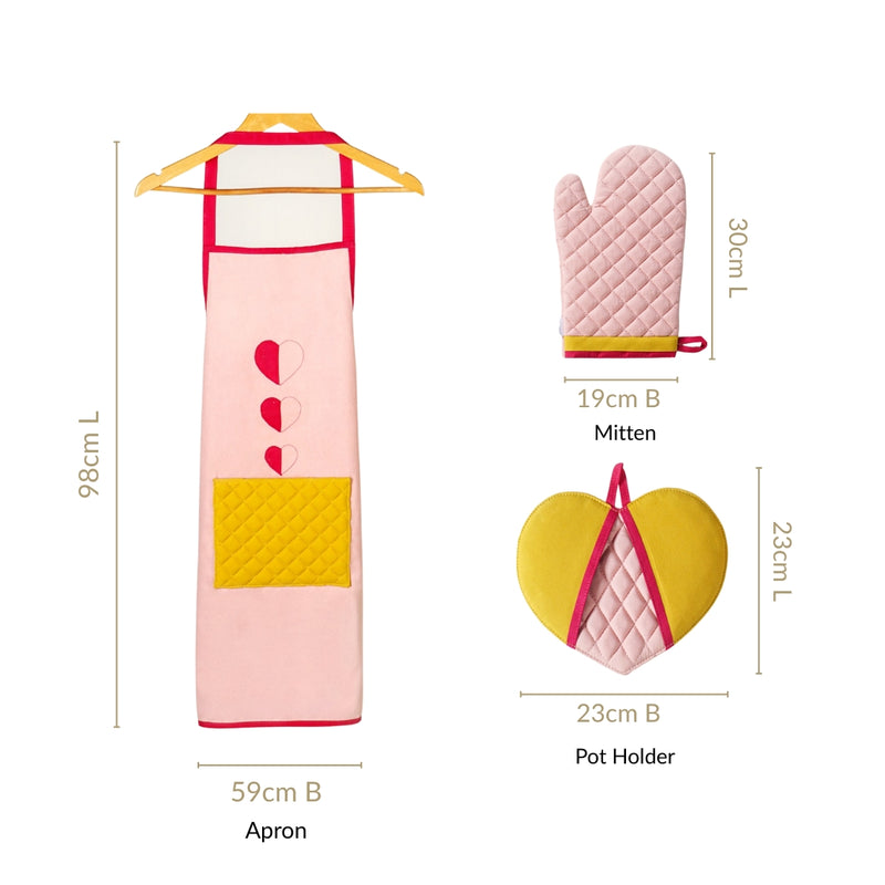 All Hearts Chef Apron Set With Mitten And Pot Holder