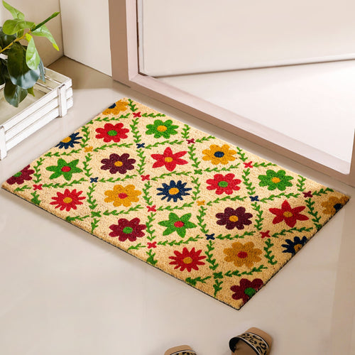 All Natural Coir Floor Mat With Floral Design 36x24 Inch