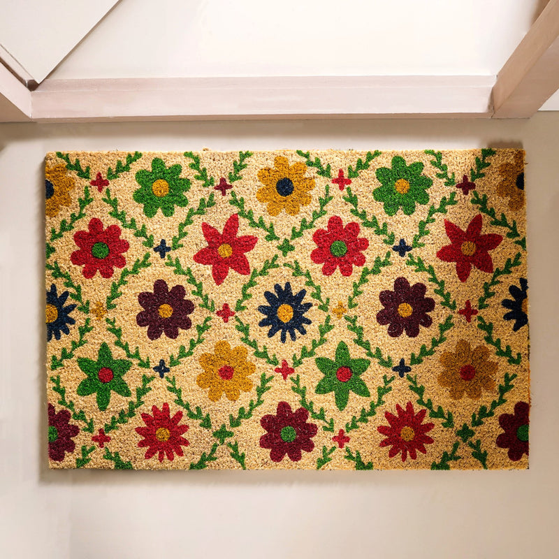 All Natural Coir Floor Mat With Floral Design 36x24 Inch