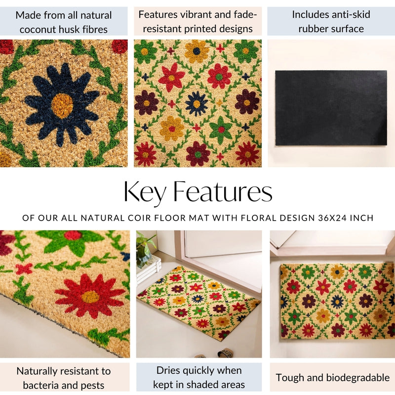 All Natural Coir Floor Mat With Floral Design 36x24 Inch