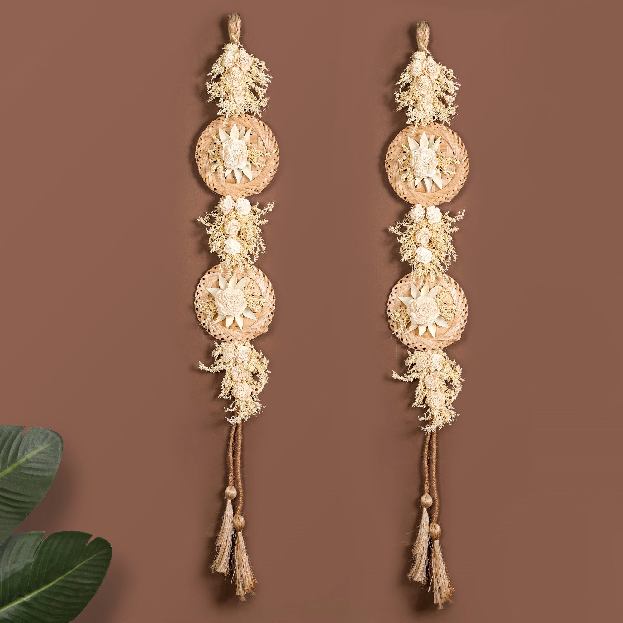 All Natural Wall Hanging With Sola Flowers And Dried Grass Set Of 2