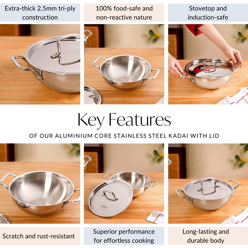Aluminium Core Stainless Steel Kadai With Lid 3000ml