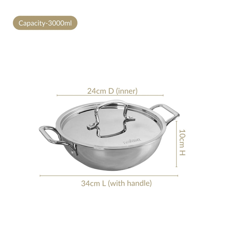 Aluminium Core Stainless Steel Kadai With Lid 3000ml