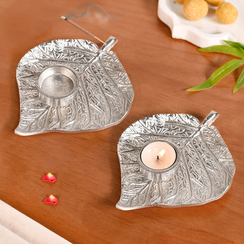 Aluminium Betel Leaf Tealight And Agarbatti Holder Set Of 2