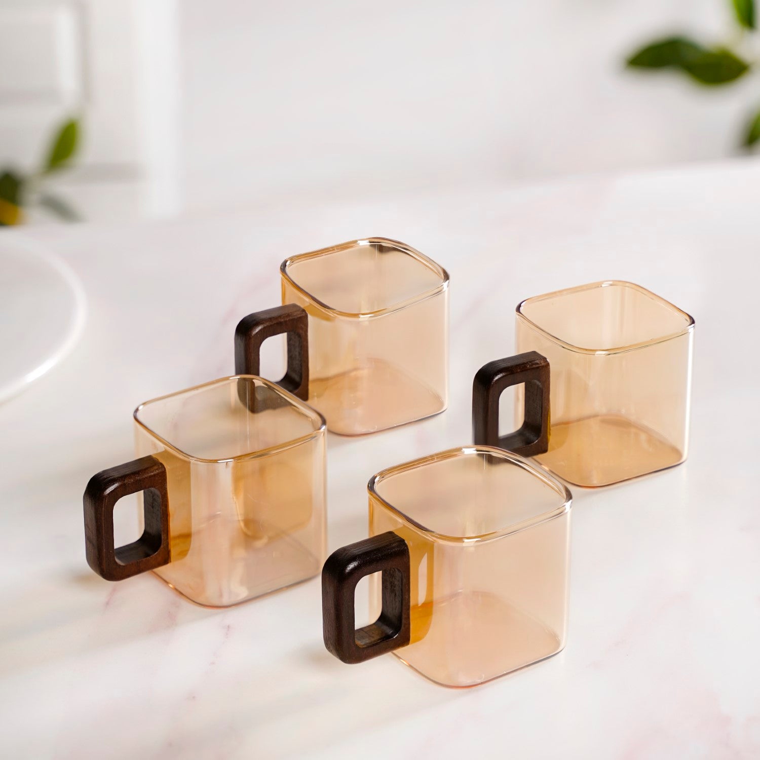 Amber Tinted Square Cups With Wooden Handle Set Of 4 200ml