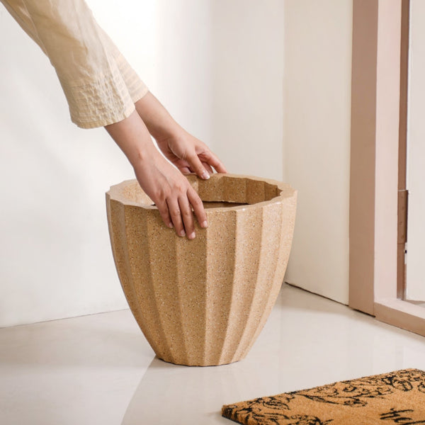Planterra Ribbed Beige Planting Pot 12x12 Inch