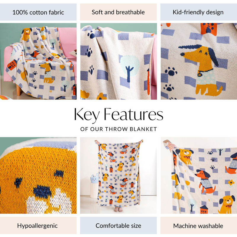 Dog Park Knitted Cotton Throw For Kids 155x132cm