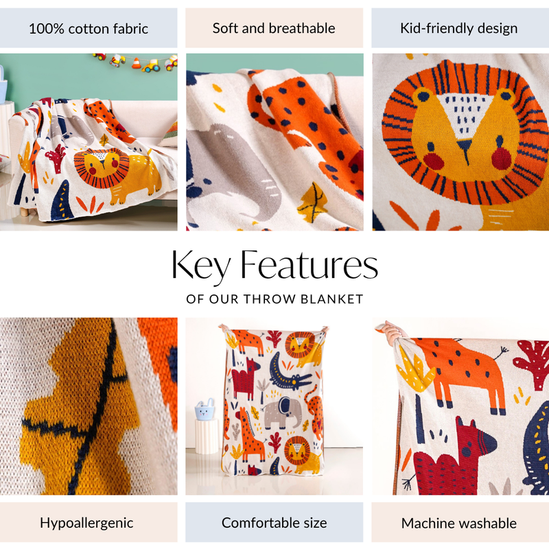 Animal Kingdom Knitted Cotton Throw For Kids 164x130cm