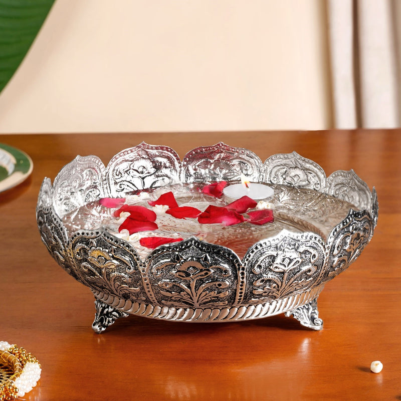 Antique Engraved Brass Urli With Stand