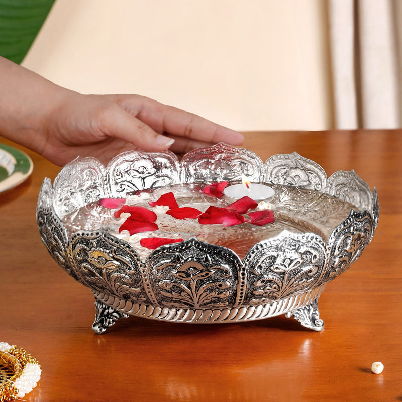 Antique Engraved Brass Urli With Stand