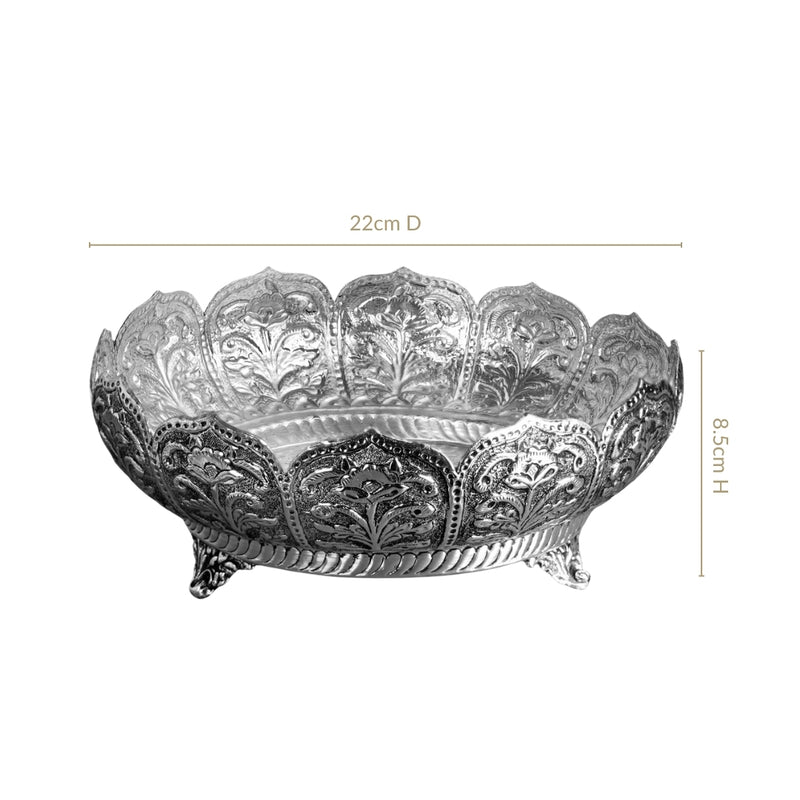 Antique Engraved Pure Brass Urli With Silver Polish 22cm