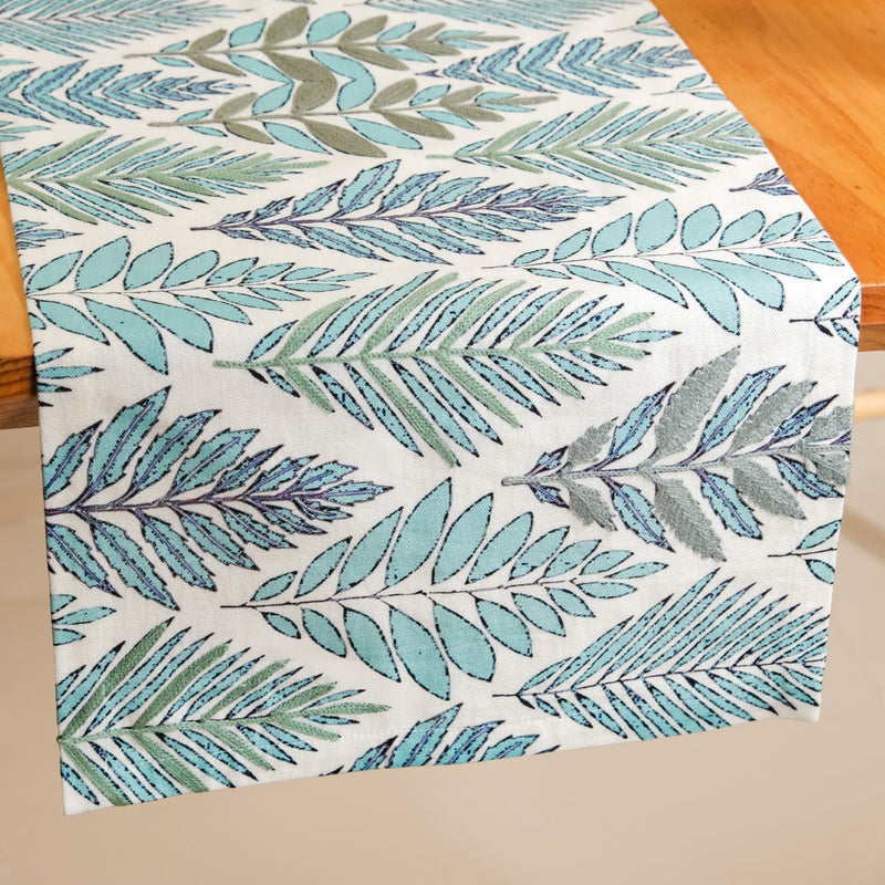 Aqua Fern Cotton Table Runner 202x33cm