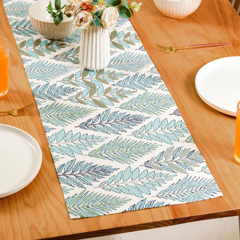 Aqua Fern Cotton Table Runner 202x33cm