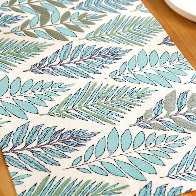Aqua Fern Cotton Table Runner 202x33cm