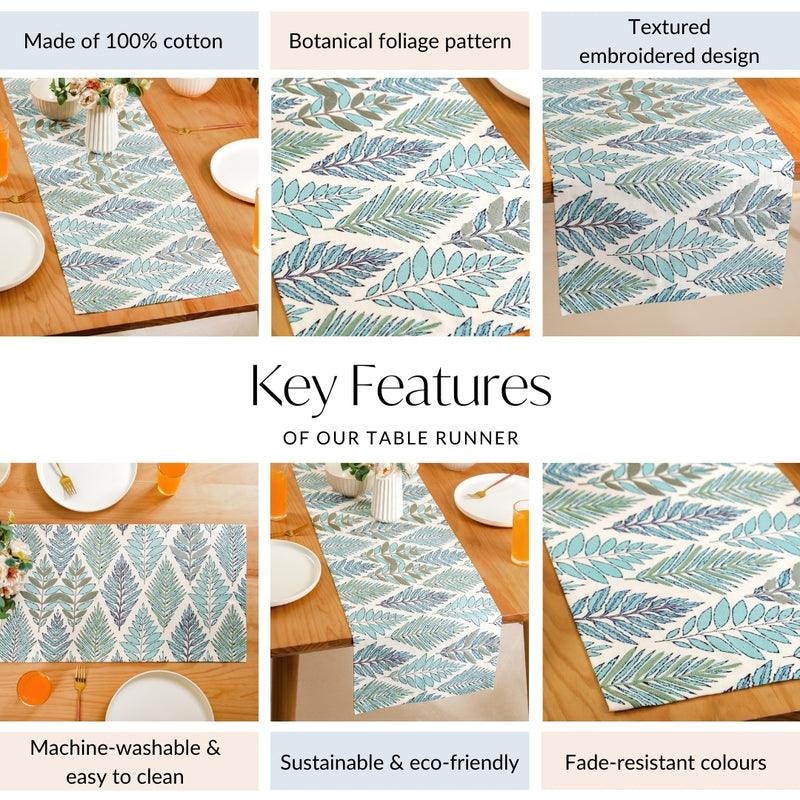 Aqua Fern Cotton Table Runner 202x33cm