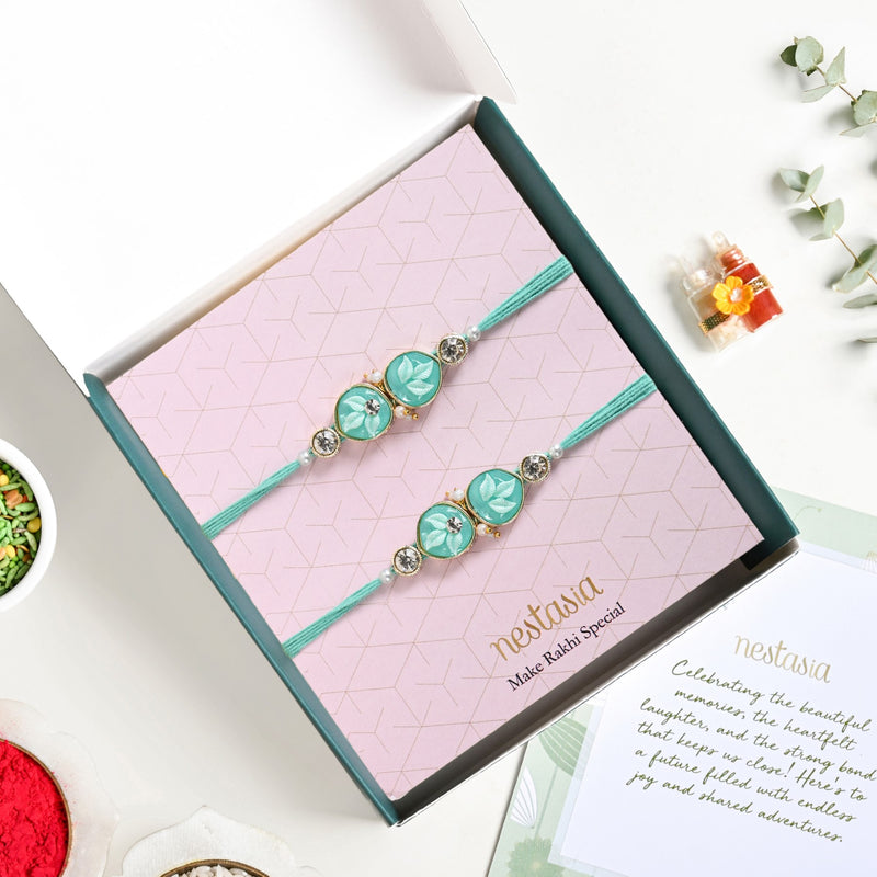 Aqua Leaf Duo Rakhi Gift Set