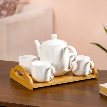 Art Deco Style Ceramic Tea Set With Wooden Serving Tray